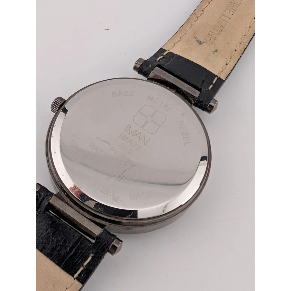 IMAN‎ Women's Watch 36mm Case Crystal Bezel Black Leather Band- New Battery